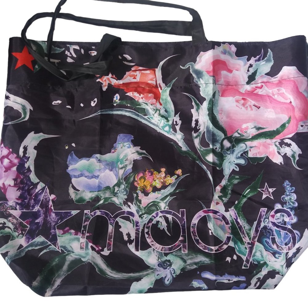 MACY"S Reusable Ocean Recycled Black Floral Beach Tote Handbag